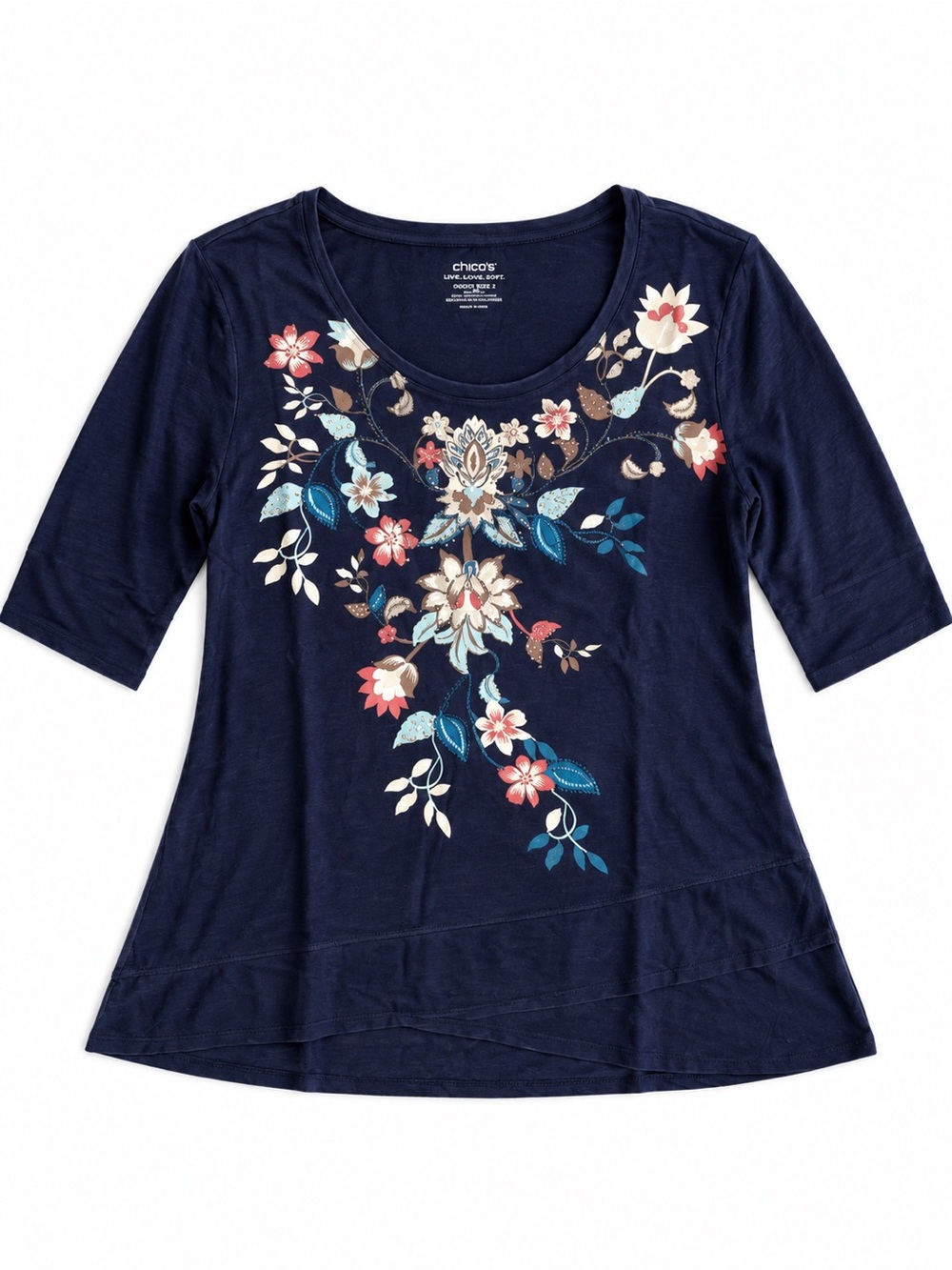 Chico’s Floral Embroidered Cotton Long Sleeve Shirt Tee Navy Size 2 (Large)